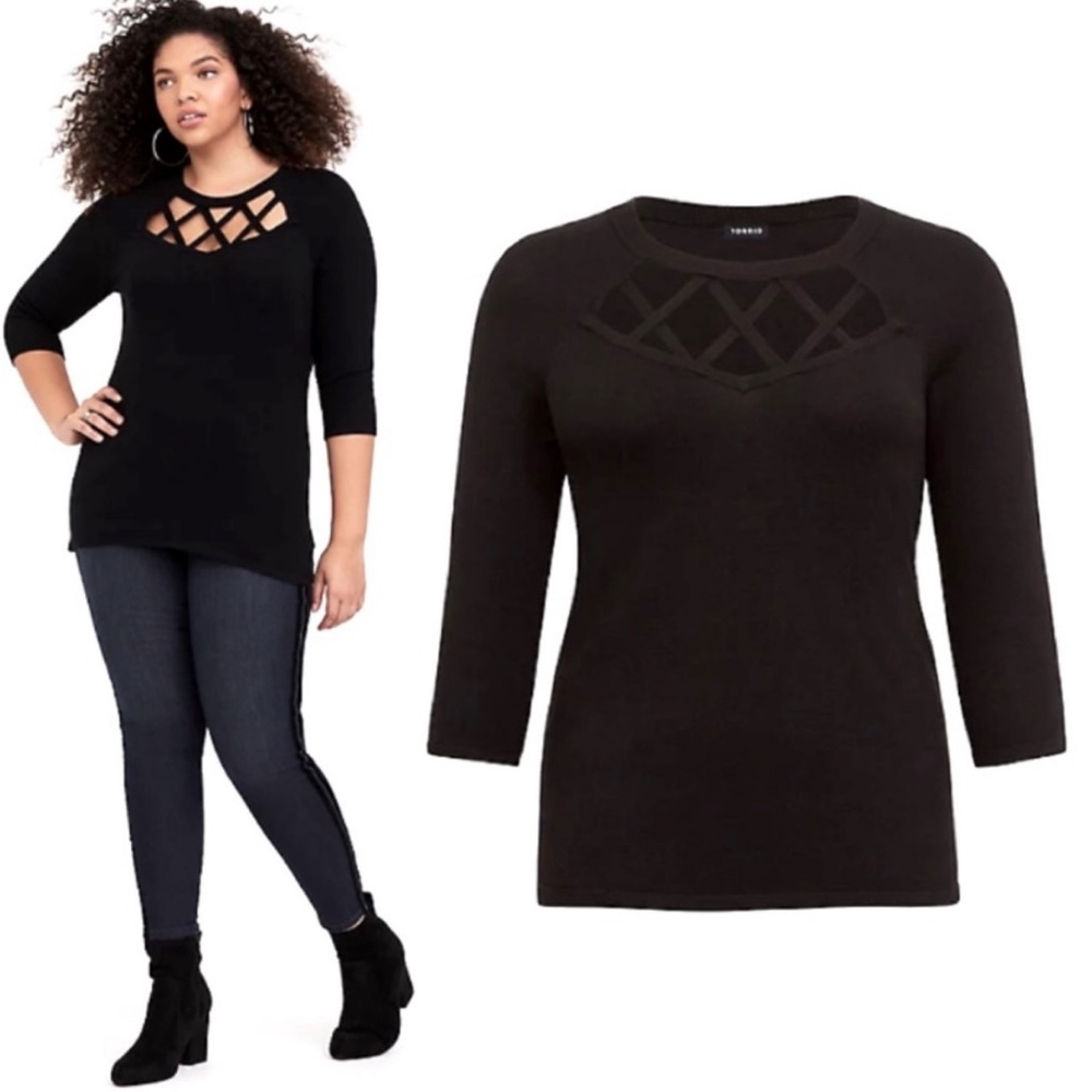 TORRID BLACK LATTICE FRONT PULLOVER SWEATER